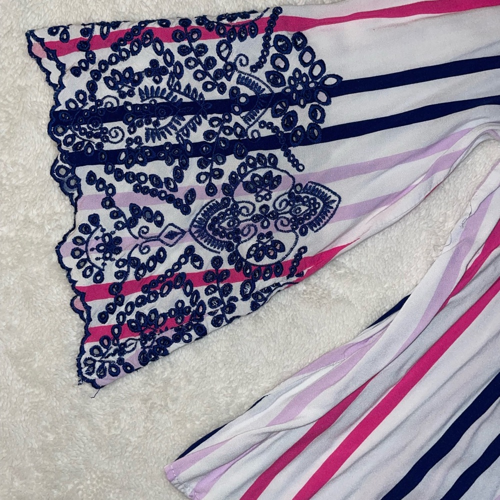 Fever Pink and Purple Striped Bell Sleeve Blouse with Lace Detail - Picture 4 of 7